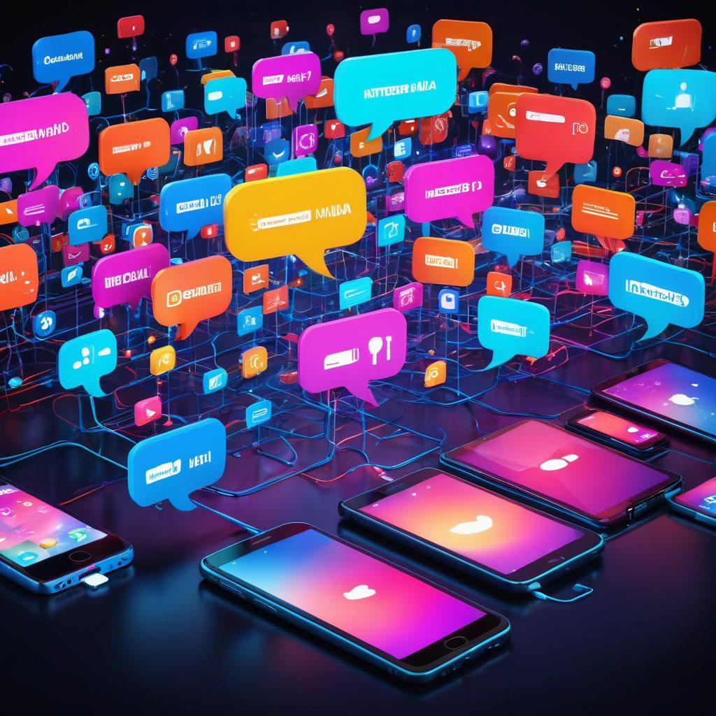 A vibrant digital landscape showcasing interconnected people sharing content through various devices like smartphones and tablets. Illustrate a diverse community engaging in discussions, with colorful speech bubbles and icons symbolizing social media and content sharing. Include elements that represent interactivity, collaboration, and technology. The background should be dynamic and futuristic, emphasizing connectivity. super-realistic. vibrant colors. 3D.