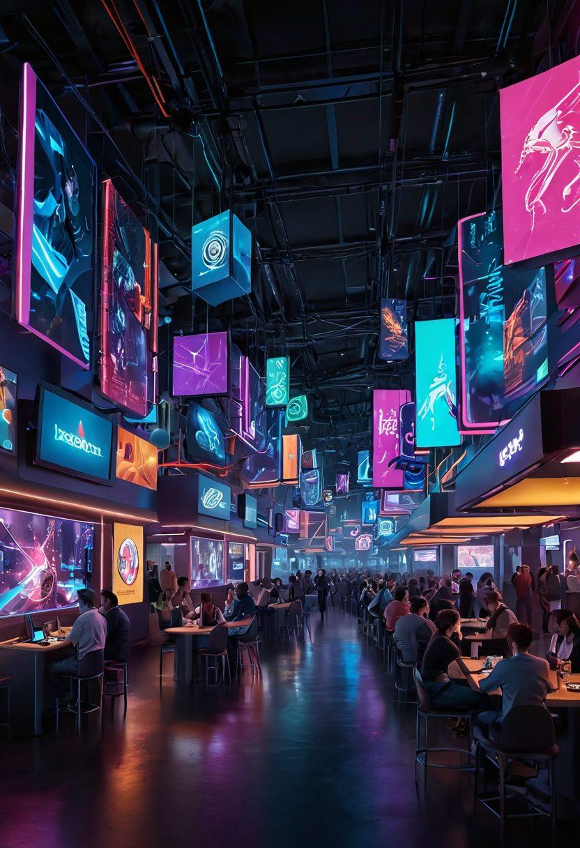 A futuristic digital landscape featuring a vibrant social hub where diverse adults engage in fun activities, surrounded by floating screens showcasing various forms of entertainment, bright neon lights illuminating the scene. The atmosphere is lively and inviting, with people of different backgrounds enjoying shared moments, high-tech gadgets in play, and a hint of playful intrigue. The background features abstract shapes and dynamic patterns representing connectivity and exploration. vibrant colors. cyberpunk.