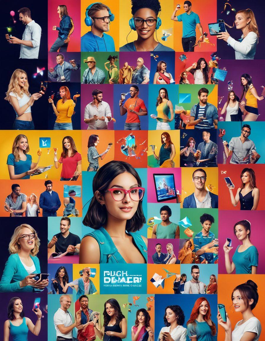 A vibrant and dynamic collage showcasing various aspects of user-generated adult entertainment: people engaging in creative activities, digital interfaces with playful designs, and a lively community atmosphere. Include elements symbolizing transformation and technology, like pixels dissolving into vivid colors. Bright and inviting tones to convey fun and innovation. super-realistic. vibrant colors. digital art.